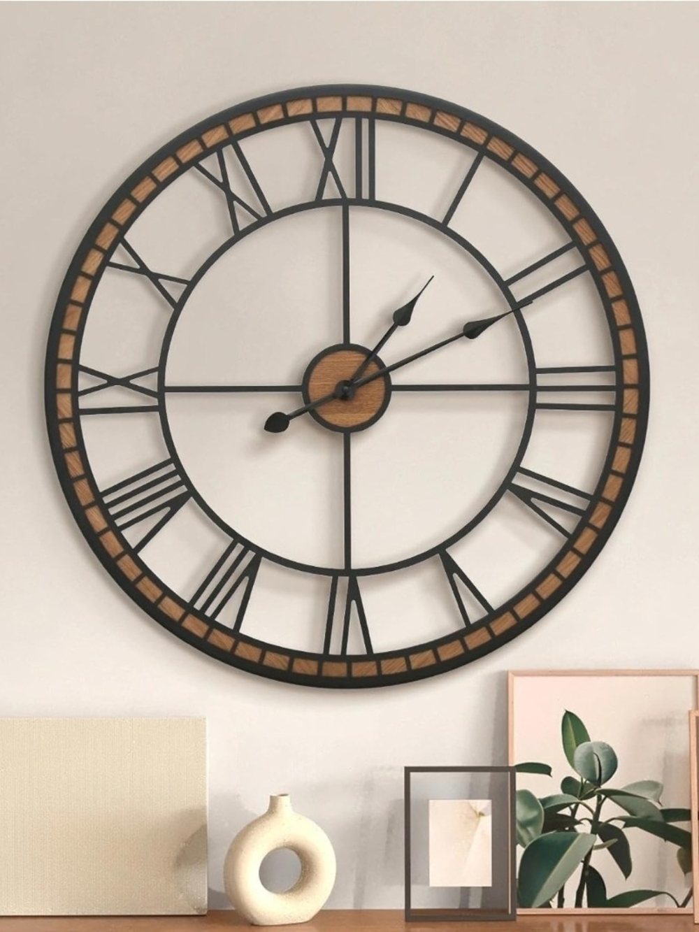 24" Farmhouse Wall Clock Metal Wood Roman Numeral Large Rustic Decor
